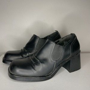 Faded Glory Y2K Black Chunky Block Heel Leather Pleated Loafer Boot Womens 9.5